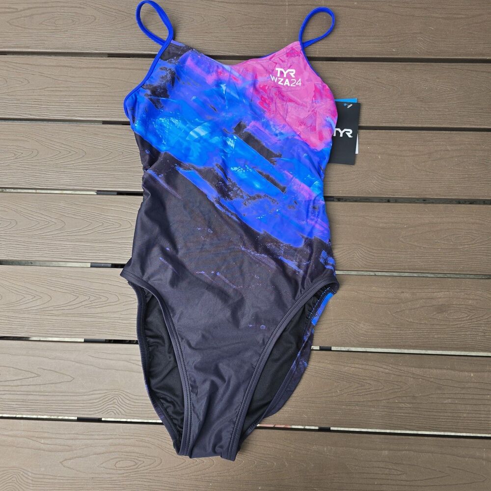 TYR Womens Durafast Elite Pink/blue Wadapalooza Cutoutfit 1 Piece Swim SZ 38 New